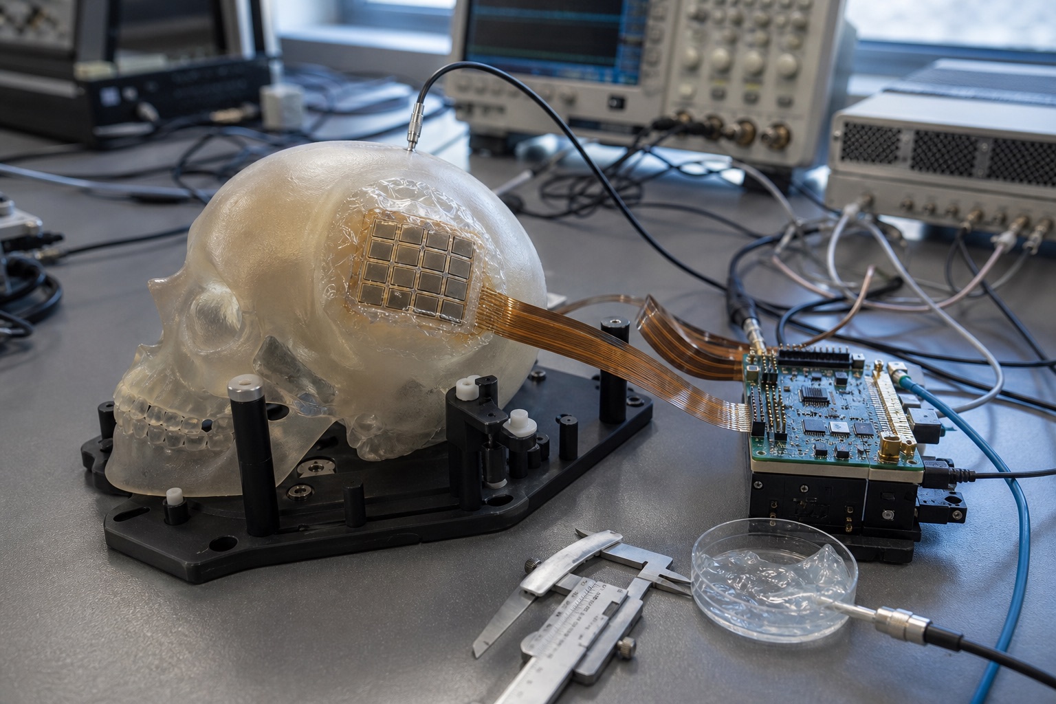 Conceptual ultrasound-array test fixture connected to embedded acquisition electronics on a laboratory bench.