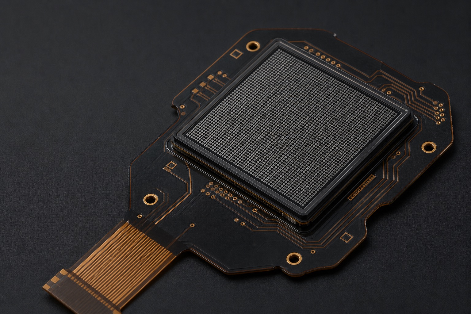 Industrial design concept of a dense ultrasound tile on a graphite rigid-flex interposer.