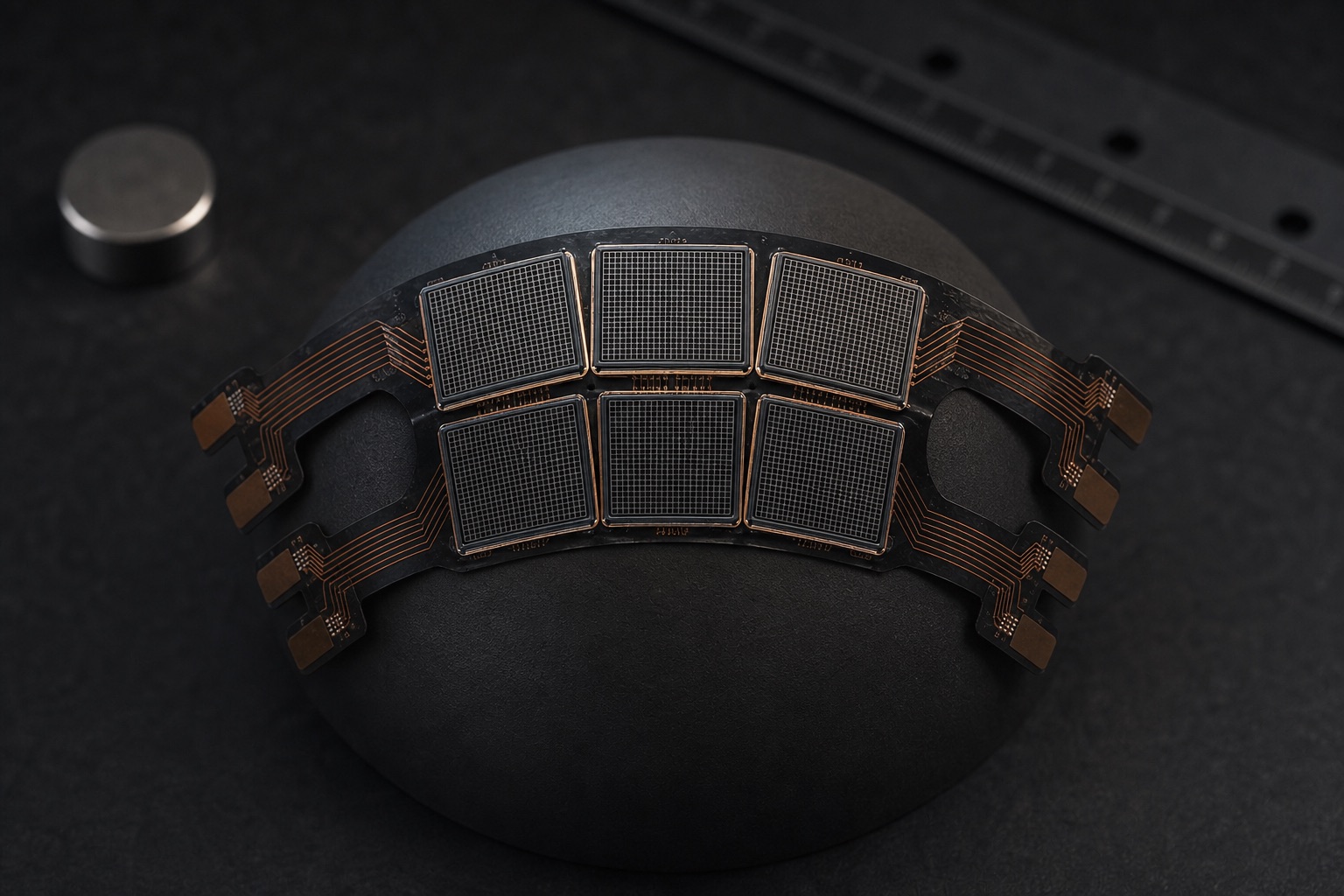 Concept view of six ultrasound tiles forming one curved aperture on a calibration fixture.